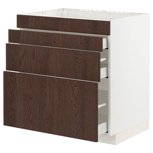 Ikea METOD kitchen unit. White frame with dark brown wood drawers, four pull-out drawers.