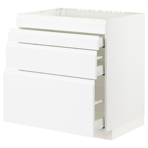 White modern kitchen cabinet with multiple drawers, sleek minimalist design.
