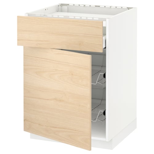A METOD kitchen cabinet with a light ash wood door, featuring a wire basket inside and a 25-year guarantee.