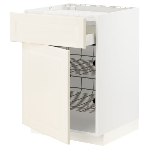 Off-white METOD kitchen cabinet with wire shelves, bevelled edges, and modern design.
