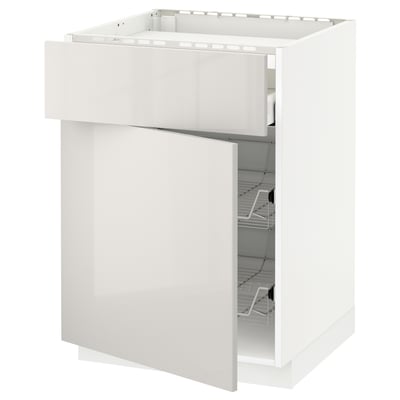 METOD / MAXIMERA Base cab f hob/drawer/2 wire bskts, white/Ringhult light grey, 60x60x80 cm