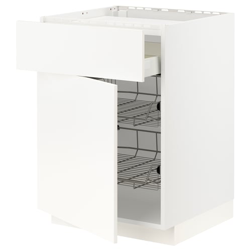A white METOD kitchen cabinet with wire shelves and a full-extension drawer.