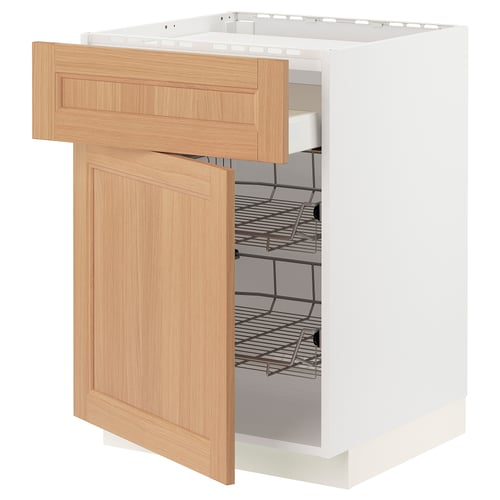 METOD kitchen cabinet in white with oak drawers. Open drawer showing metal baskets. Sturdy, modern design.