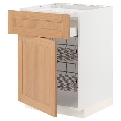 METOD / MAXIMERA Base cab f hob/drawer/2 wire bskts, white/Vedhamn oak, 60x60x80 cm