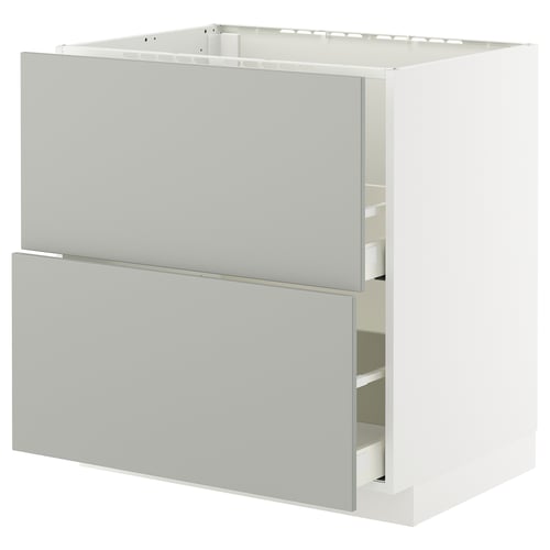 Modern, light grey kitchen cabinet with two drawers, sleek design.