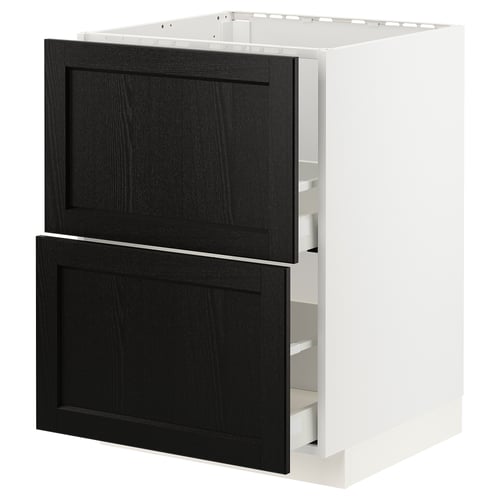 Modern METOD kitchen cabinet with 2 black-stained wooden doors, white frame, smooth drawers.