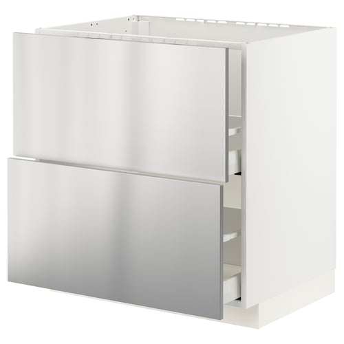 A white METOD kitchen cabinet with stainless-steel fronts, including drawers and a single door. Its rectangular with modern industrial design.