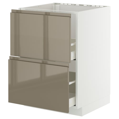 A modern kitchen cabinet, white with shiny bronze drawers, featuring sleek handles and a high gloss finish.