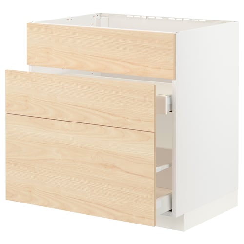 Light wood-patterned kitchen cabinet with drawer, modern design.
