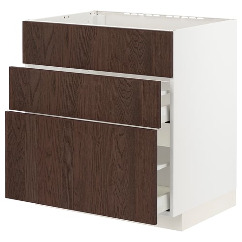 Modern kitchen unit, white with dark brown drawers, sleek design, wooden edges.