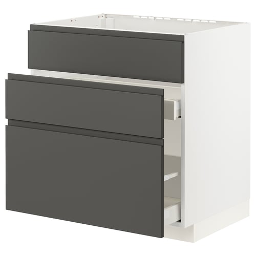 A modern, white METOD kitchen unit with three dark grey drawers and integrated handles.