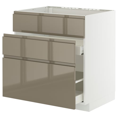Modern metallic drawer unit from METOD kitchen system, dark grey-brown fronts with integrated handles, on a white base.
