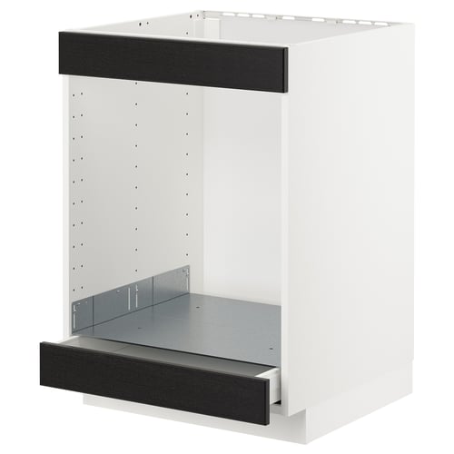 A white METOD kitchen cabinet with black stained drawer fronts, featuring a modern and traditional design.