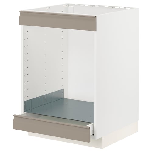 A white METOD kitchen cabinet with a grey-beige drawer. It has a modern, sleek design with integrated handles.