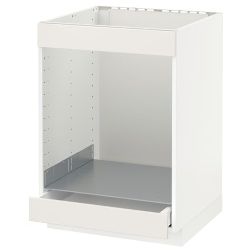 A white METOD kitchen cabinet with open shelves and a drawer. Its part of the veddinge collection.