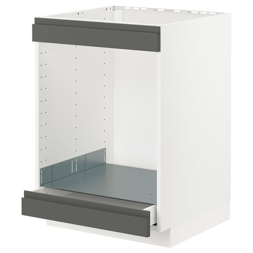 An ikea METOD kitchen cabinet with a dark grey drawer and white frame.