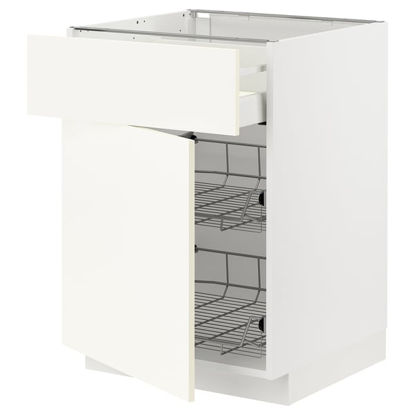 METOD / MAXIMERA Base cab w wire basket/drawer/door, white/Vallstena white, 60x60x80 cm
