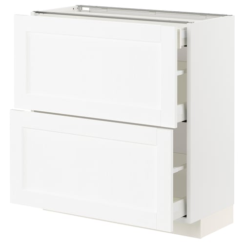 A white METOD kitchen cabinet with multiple drawers and shelves. It is sleek and modern designed for kitchen storage.