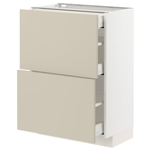 A beige METOD kitchen cabinet with two drawers and a shelf. Its made of particleboard and steel, featuring a smooth, modern design.