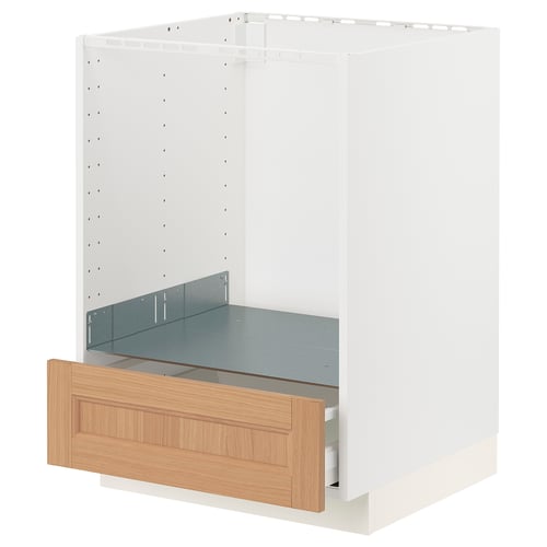 An ikea METOD kitchen cabinet with a light wood drawer and white frame. The cabinet has a built-in organizer and a smooth-running drawer.