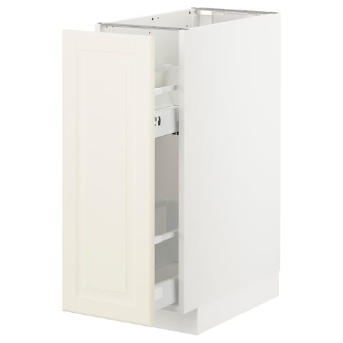 A white METOD kitchen cabinet with bevelled edges, featuring a pull-out drawer inside.