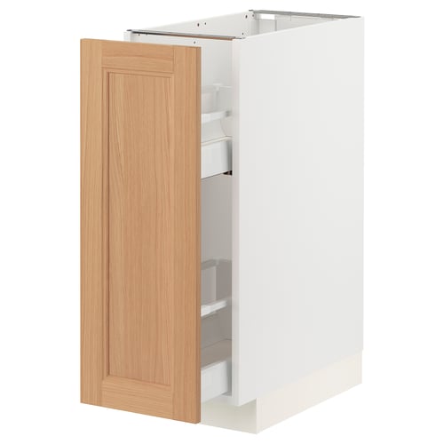 A white METOD kitchen cabinet with a light oak door, featuring a pull-out drawer inside.