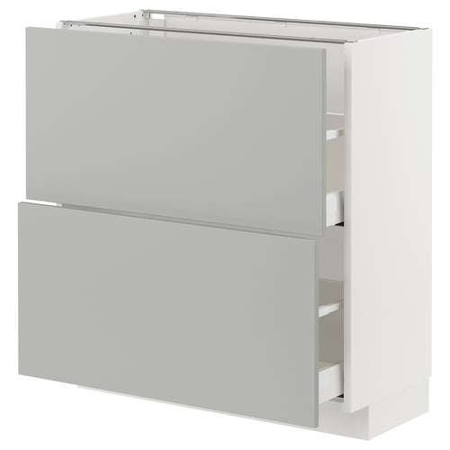 Modern, light grey kitchen cabinet with sleek drawers. Compact and minimalist design.