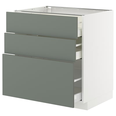 Grey-green kitchen cabinet with three drawers.