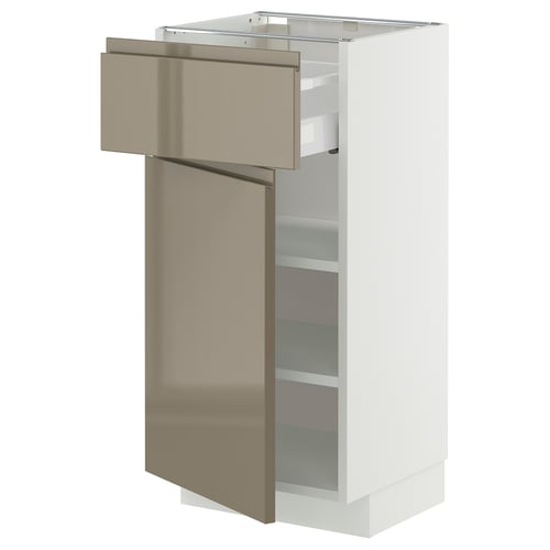 White METOD kitchen cabinet with high gloss dark grey-brown drawer.