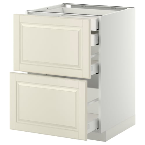 Alt: IKEA METOD off-white cabinet with bevelled edges and integrated drawers.