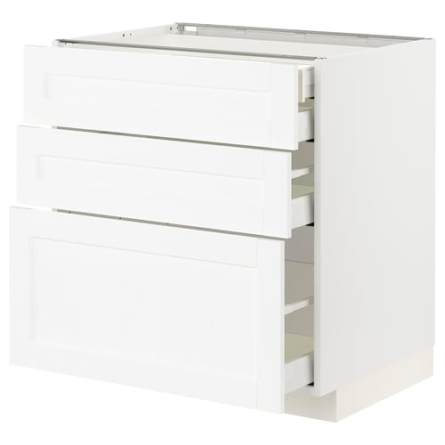 White METOD kitchen cabinet with multiple drawers.