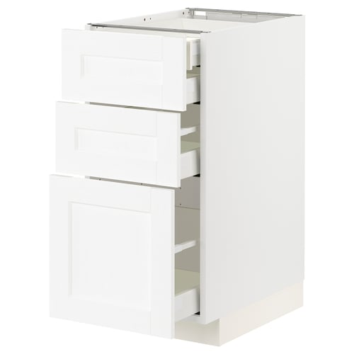White METOD kitchen cabinet with three drawers, modern classic design, made with fibreglass and acrylic paint.