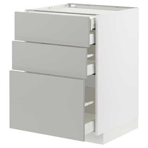 A white METOD cabinet with grey drawers. It three drawers with sleek, modern design.