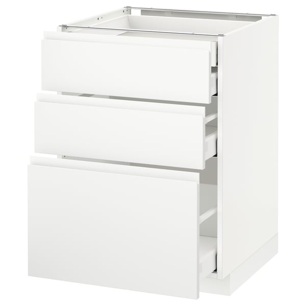 White METOD kitchen cabinet with integrated handle drawers. Modern minimalist design, three full-extension drawers.
