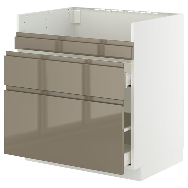 METOD / MAXIMERA Base cb f HAVSEN snk/3 frnts/2 drws, white/Voxtorp high-gloss dark grey-brown, 80x60x80 cm