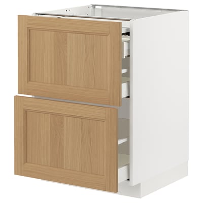 METOD / MAXIMERA Bc w pull-out work surface/3drw, white/Vedhamn oak, 60x60x80 cm