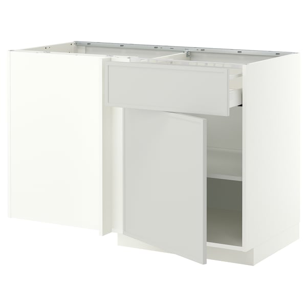 METOD / MAXIMERA Corner base cab w drawer and shelf, white/Aspudden light grey, 128x68x80 cm