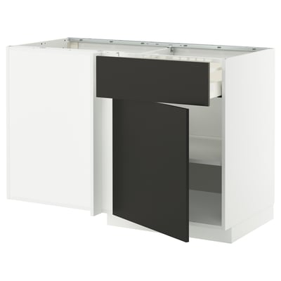 METOD / MAXIMERA Corner base cab w drawer and shelf, white/Nickebo matt anthracite, 128x68x80 cm