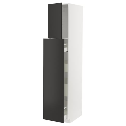 Modern black & white kitchen cabinet with soft-close drawers.