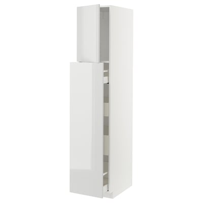 White kitchen cabinet with vertical open sections, high gloss design.