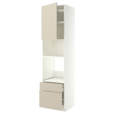 An IKEA METOD kitchen unit in beige with shelves and drawers. Its a tall, rectangular structure with a smooth finish and modern design.
