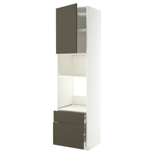 METOD kitchen unit: white frame, dark grey drawers/doors, three shelves, modern design.