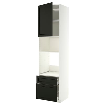 METOD kitchen: white cabinet with black stained ash drawers and door, bevelled edges, sleek design.