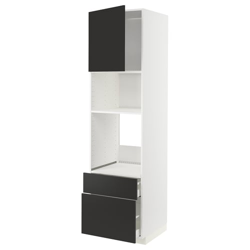 METOD kitchen unit with black nickebo doors, white shelves, adjustable shelves, soft-close drawers.