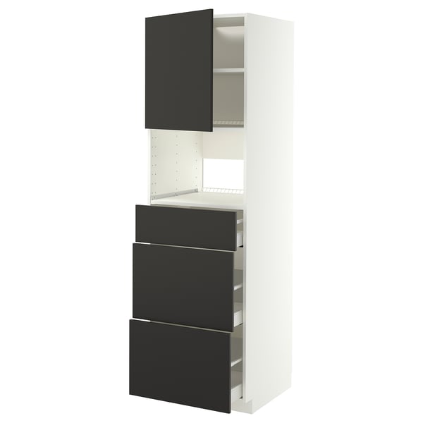 White and black METOD kitchen unit with 3 drawers and shelves.