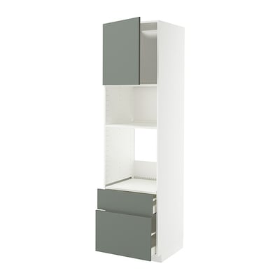 A METOD kitchen unit with grey-green nickebo fronts, featuring shelves and drawers.