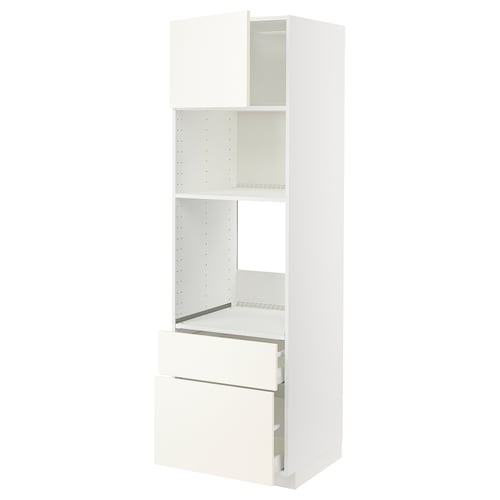 This image shows a white METOD kitchen unit with drawers and shelves. It a modern design with spacious storage.