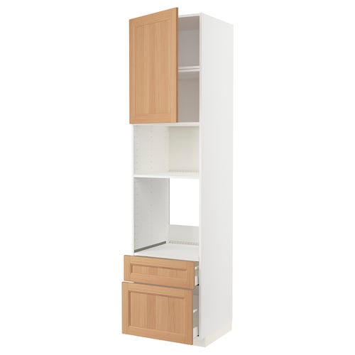A white METOD kitchen cabinet with light oak doors and shelves.