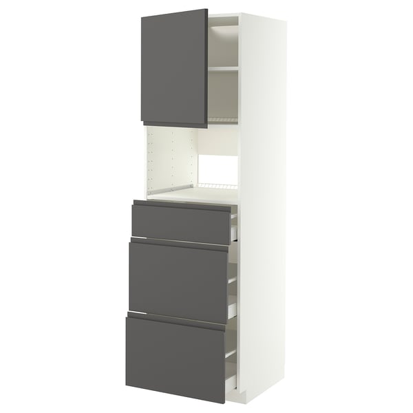 Modern METOD kitchen unit in white and dark grey; 3 drawers, tall cabinet with shelves.