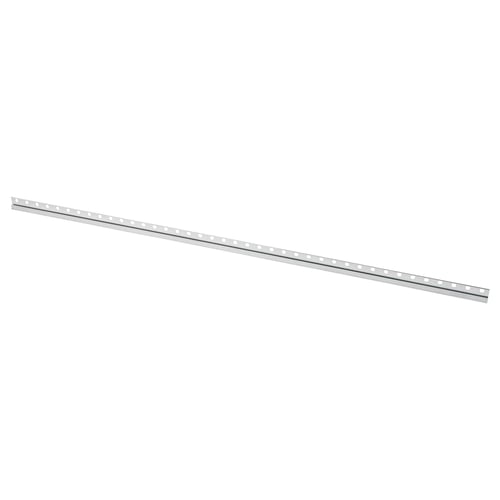 Silver metal kitchen cabinet suspension rail, made of galvanised steel, featuring multiple holes for easy mounting.